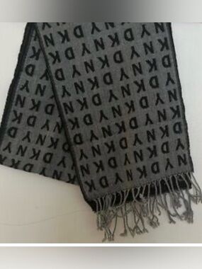 DKNY Reversible Black & Gray Logo Scarf with Fringe